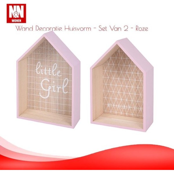 N&N Wonen Wand Decoratie Huisvorm - Set Van 2 - Roze