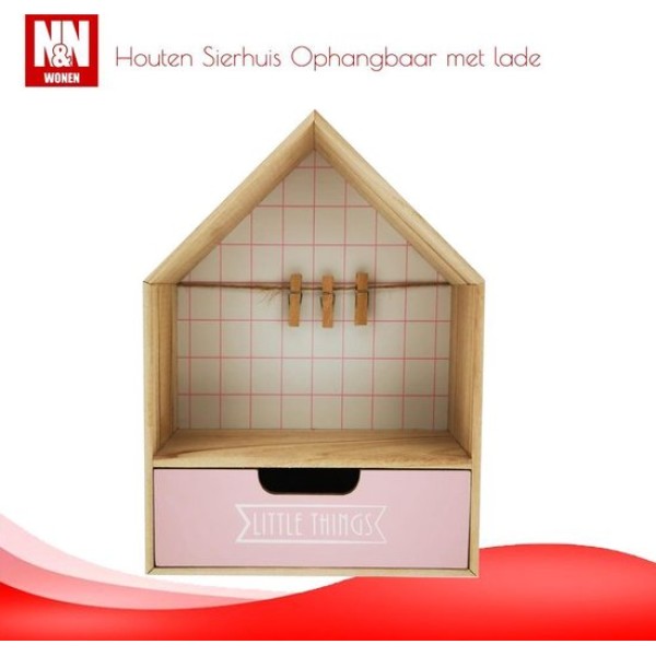 N&N Home Houten Sierhuis Ophangbaar met Lade - Roze