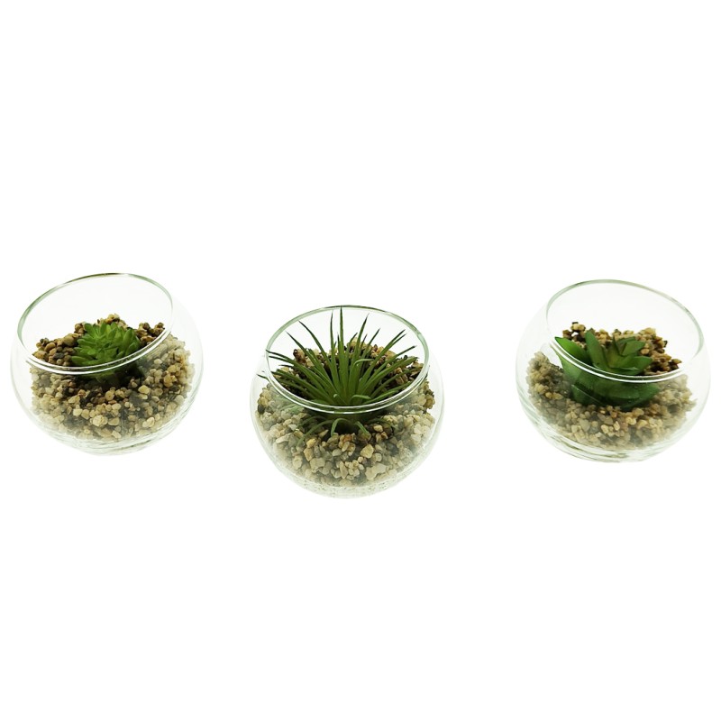 Ecolife Decoratieve Kunstplanten in Glazen Bol H5cm x B6.5cm - 3 Stuks